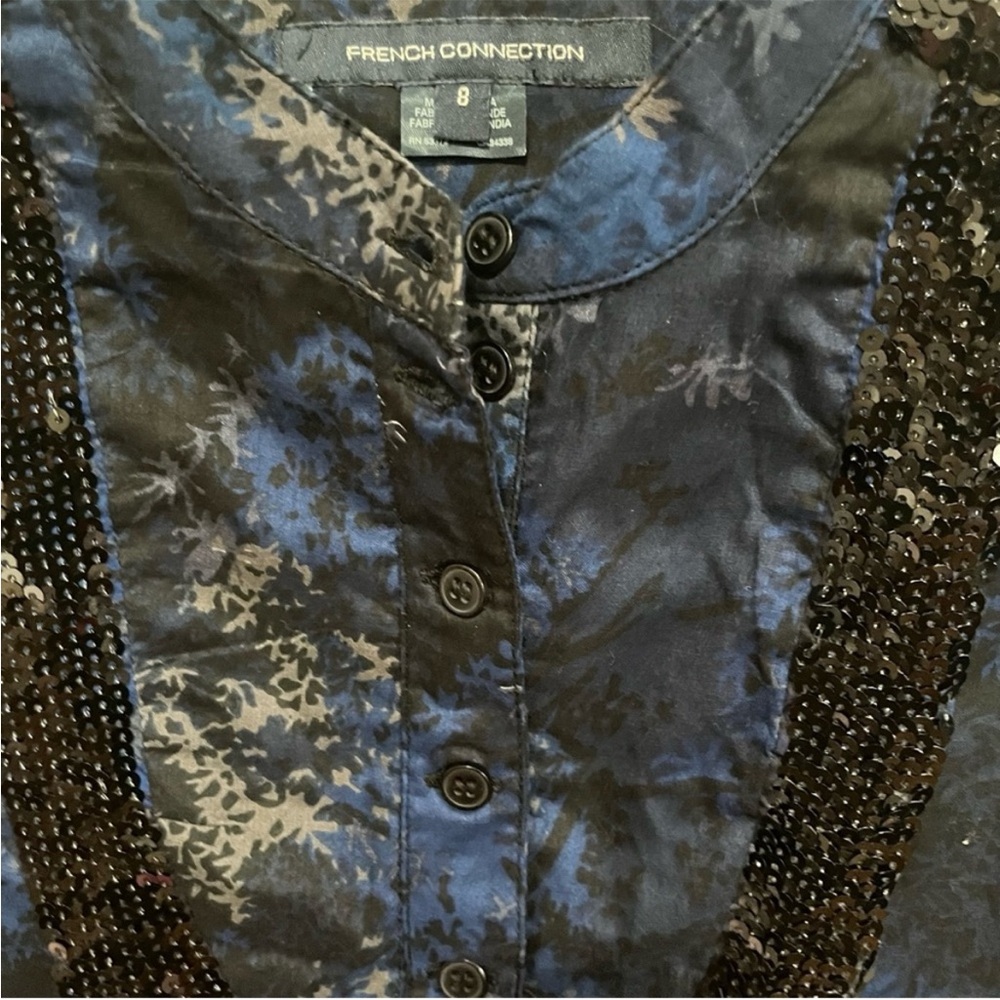 French Connection top blue black floral trees sequins cap sleeves buttons - Picture 4 of 8